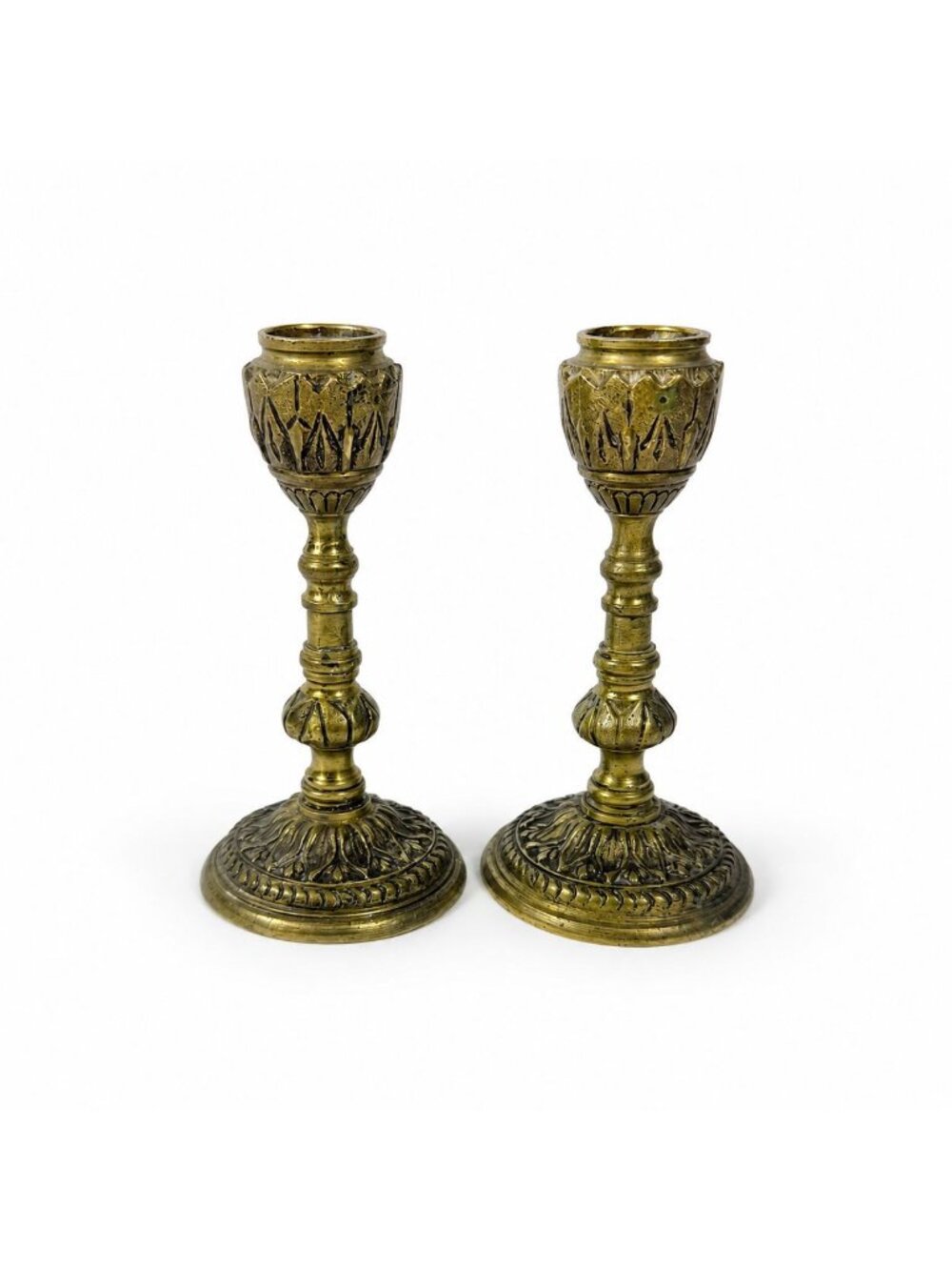 English Brass Candlesticks Pair Embossed Peerage England  Stamped Candle Holder